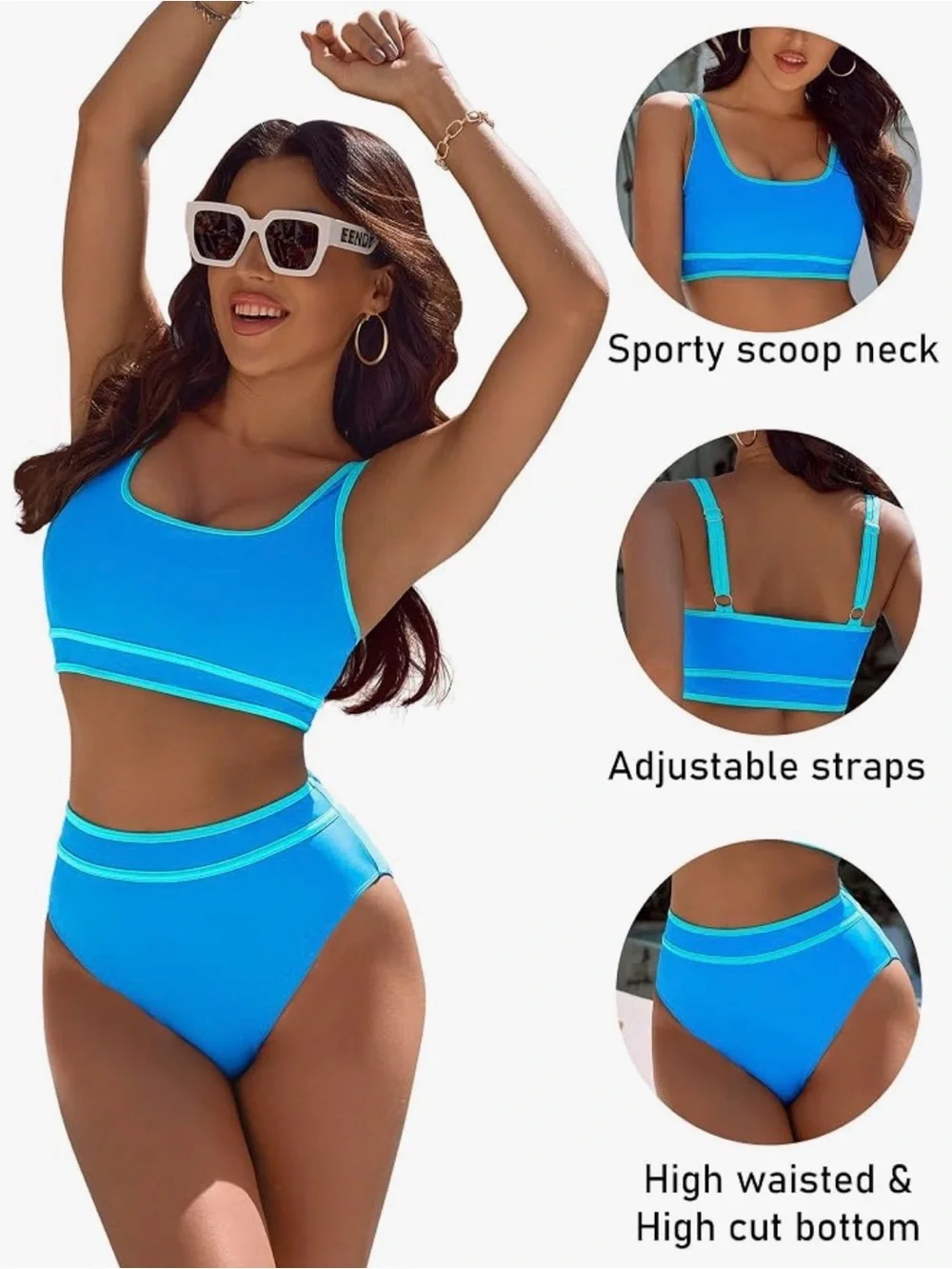 Women's Blue Two-Tone High-Waist Swim Set